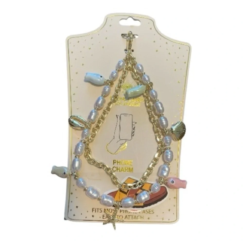 Eye Candy Los Angeles Gold and Pearl Phone Charm, Fish, Shells & Starfish, NWT
